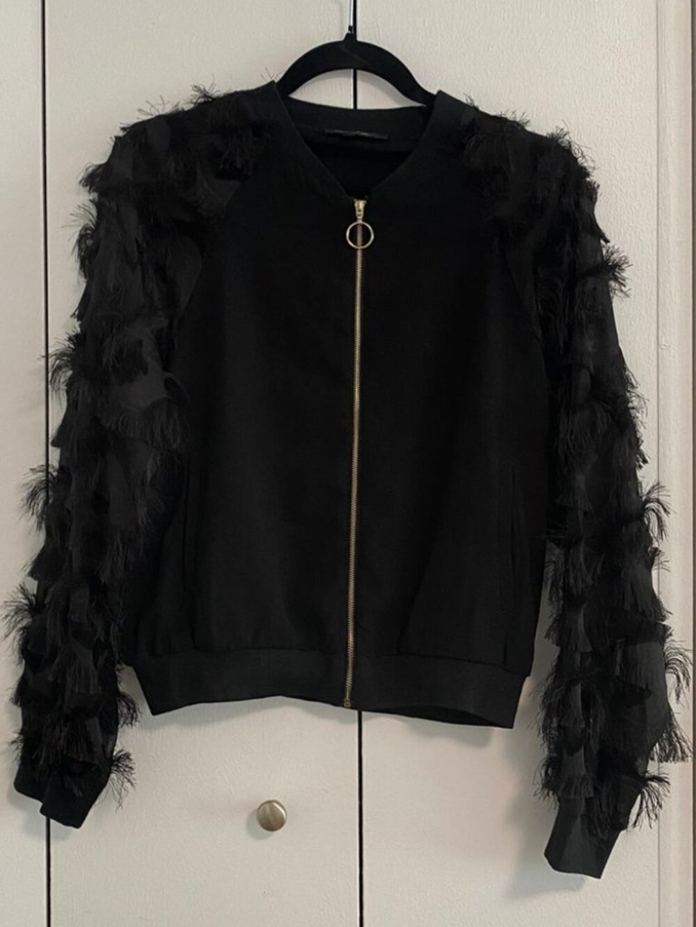 Black Fringe Sleeve Bomber Jacket (Zip-Up)